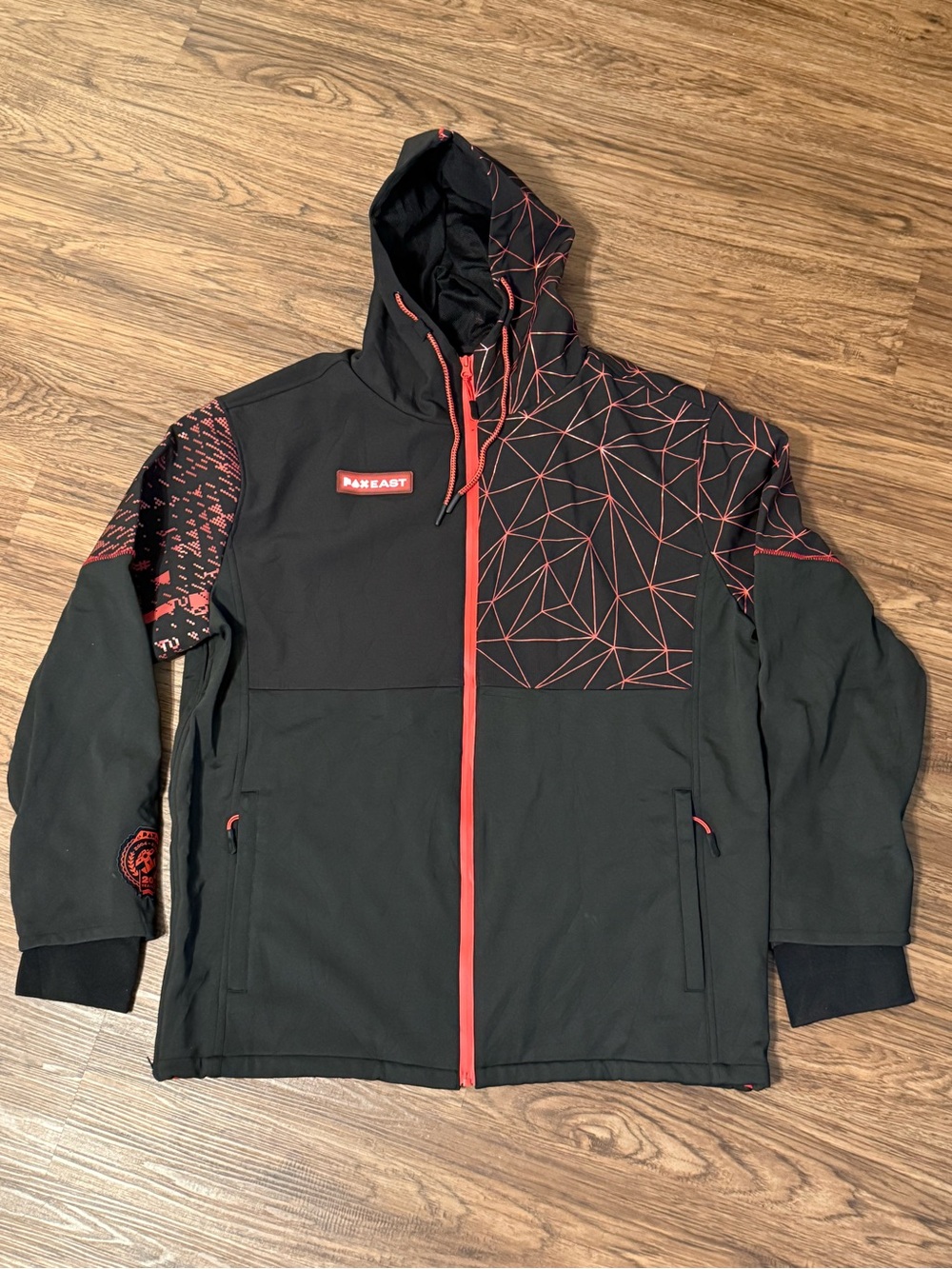 PAX East Men’s Black & Red Hooded Softshell Jacket with Geometric Design - XXL